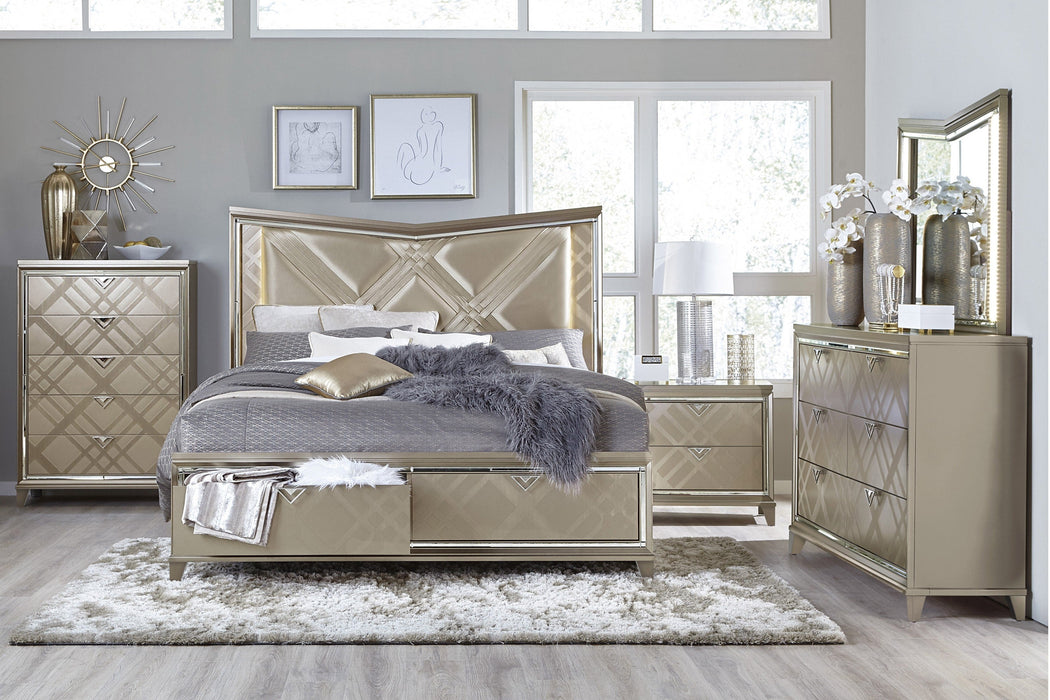 Bijou Champagne LED Upholstered Storage Platform Bedroom Set