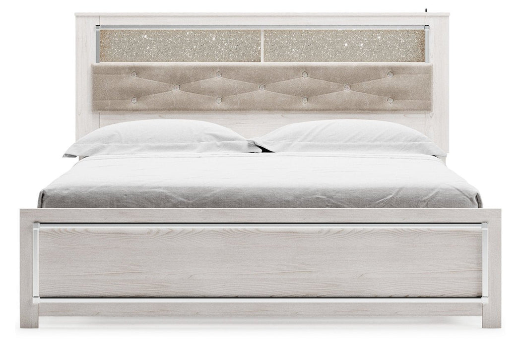 Altyra White Upholstered Bookcase LED King Panel Bed - Gate Furniture