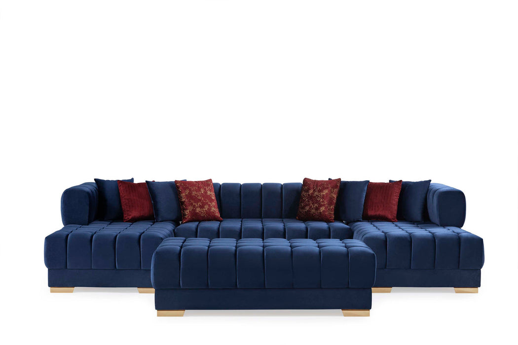 Ariana Blue Velvet Double Chaise Sectional ( red pillows) - In Stock Furniture