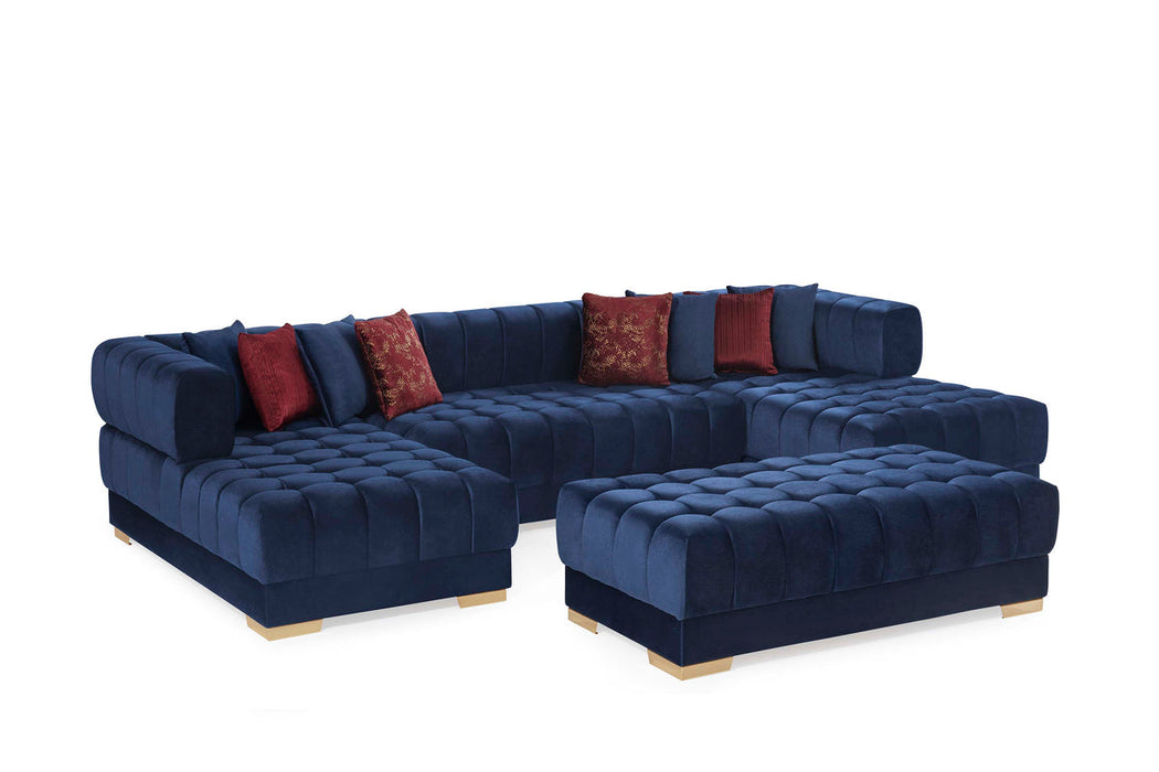 Ariana Blue Velvet Double Chaise Sectional ( red pillows) - In Stock Furniture