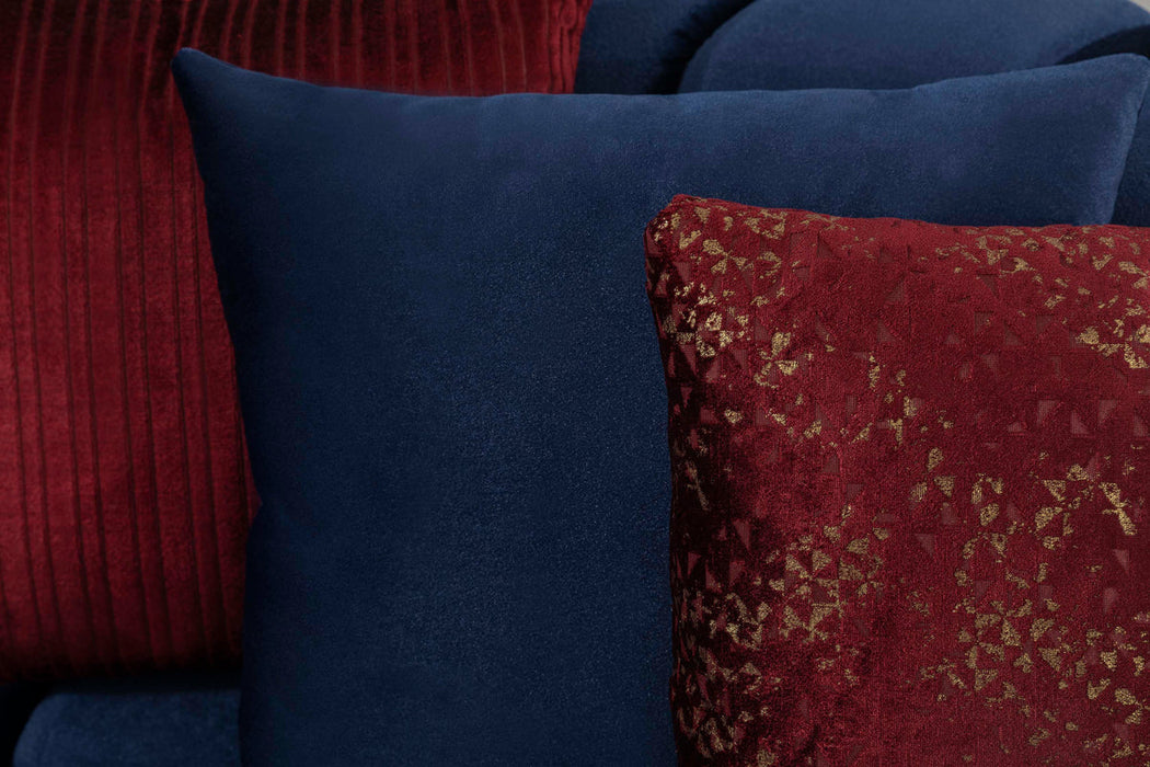 Ariana Blue Velvet Double Chaise Sectional ( red pillows) - In Stock Furniture