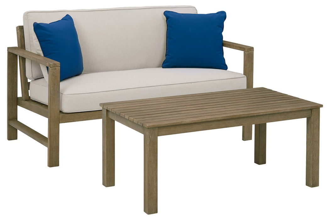 Fynnegan Light Brown Outdoor Loveseat with Table (Set of 2) - P349-035 - Gate Furniture