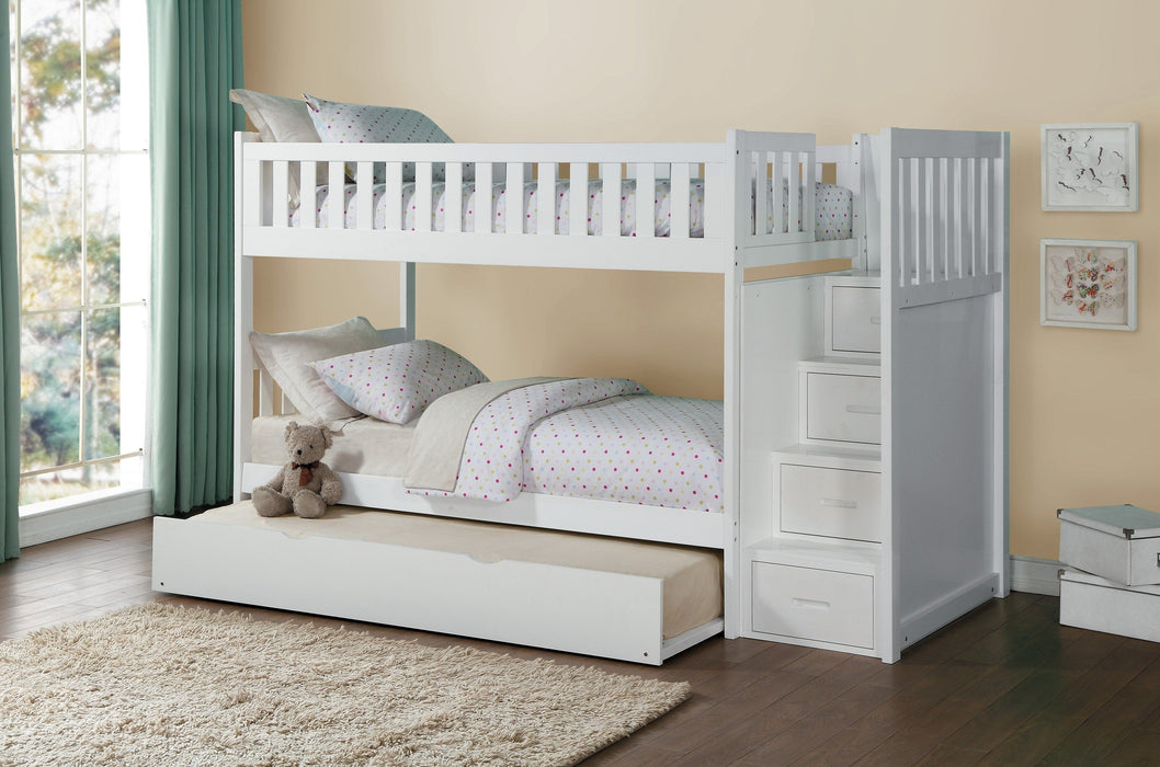 Galen White Twin/Twin Reversible Step Storage Bunk Bed | B2053 - Gate Furniture