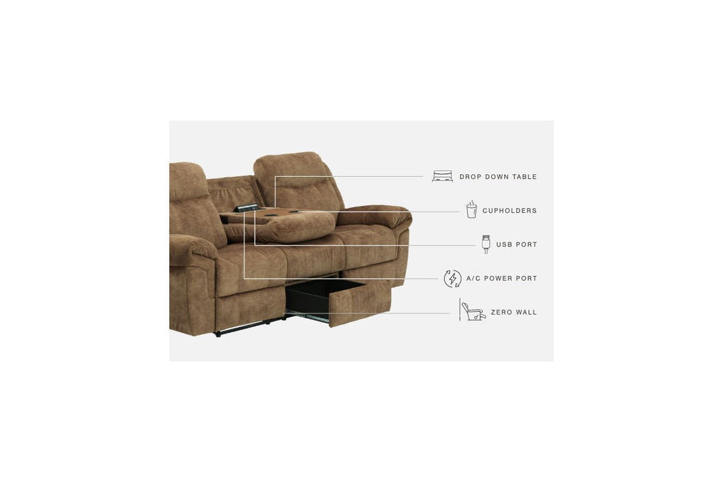 Huddle-Up Nutmeg Reclining Sofa with Drop Down Table - 8230489 - Gate Furniture