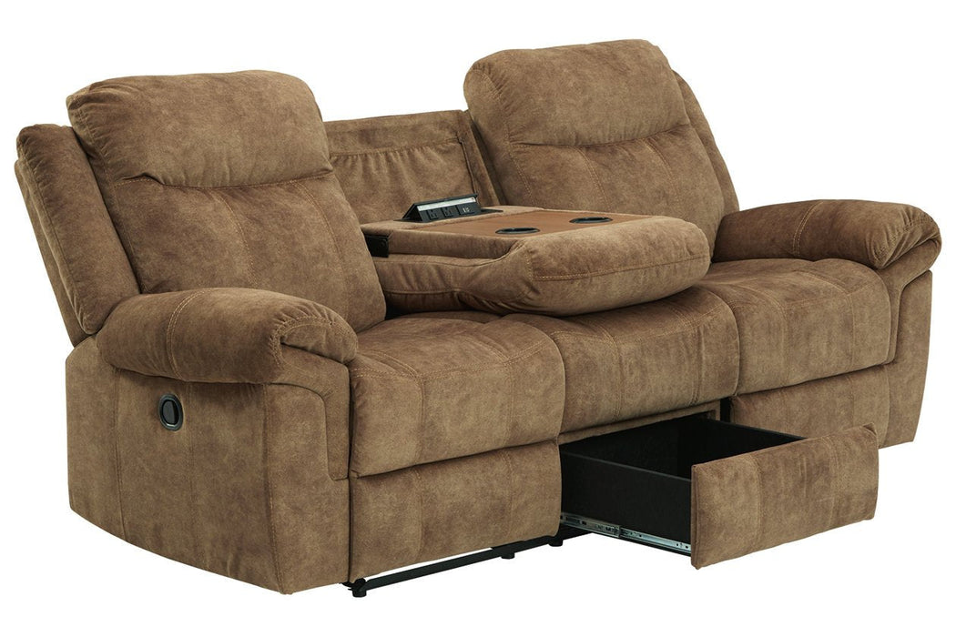 Huddle-Up Nutmeg Reclining Sofa with Drop Down Table - 8230489 - Gate Furniture