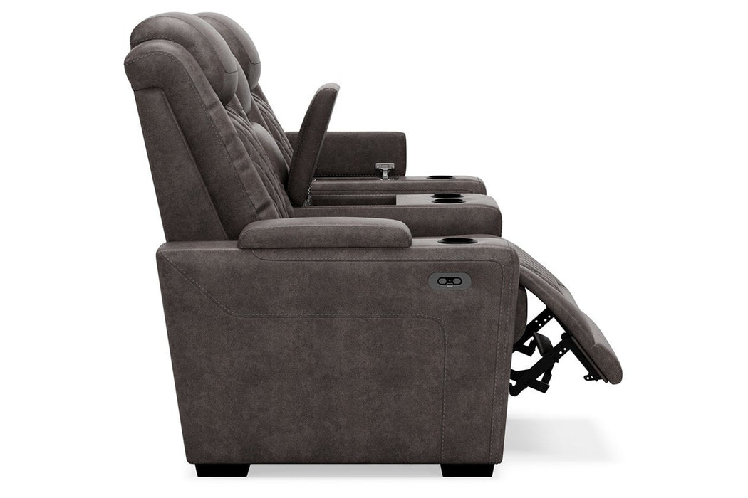 HyllMont Gray Power Reclining Loveseat with Console - 9300318 - Gate Furniture