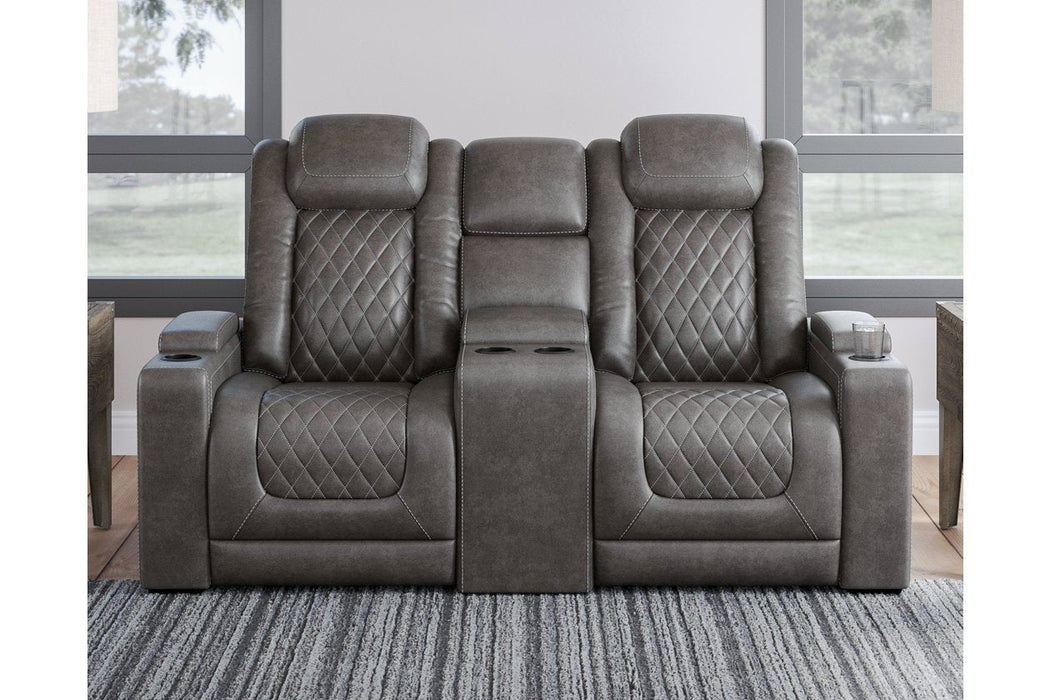 HyllMont Gray Power Reclining Loveseat with Console - 9300318 - Gate Furniture