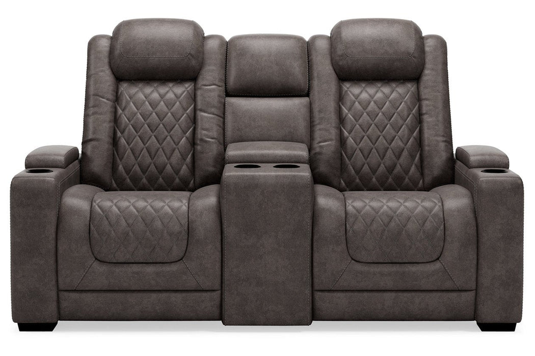 HyllMont Gray Power Reclining Loveseat with Console - 9300318 - Gate Furniture