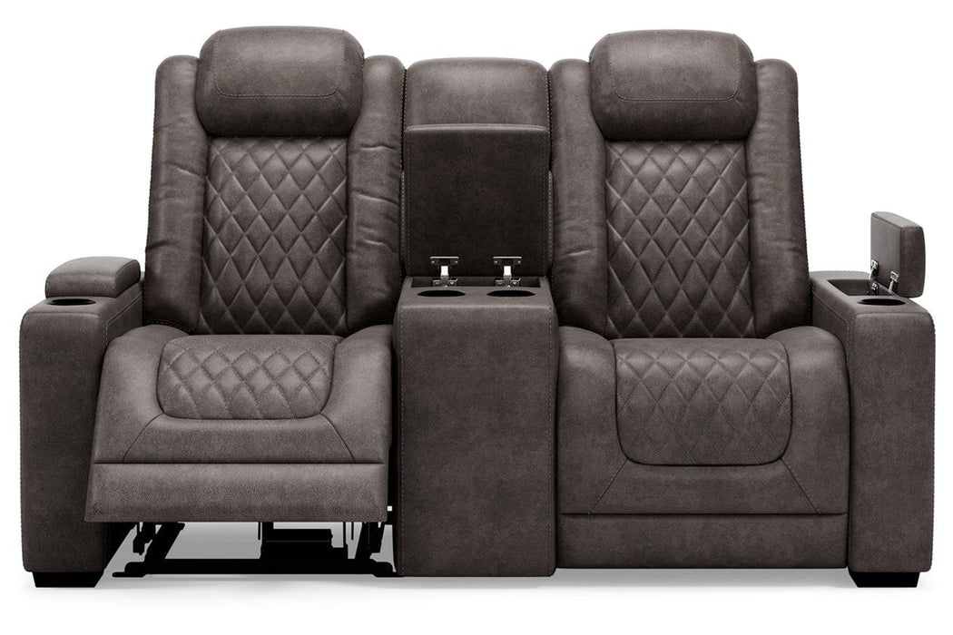 HyllMont Gray Power Reclining Loveseat with Console - 9300318 - Gate Furniture