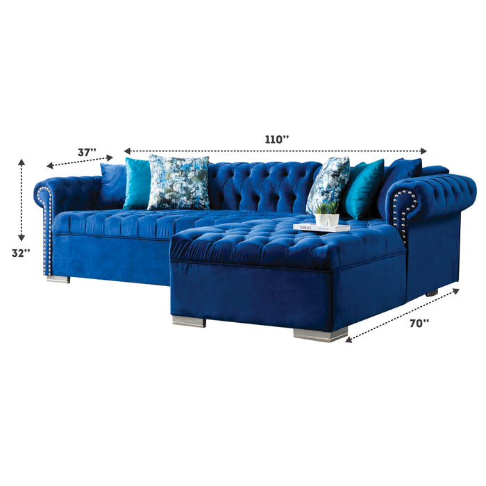 Lyon 110 in. W 2-Piece Soft Touch Velvet Sectional Sofa with Chaise in Blue - SEC-PORTO-BLUE - Gate Furniture