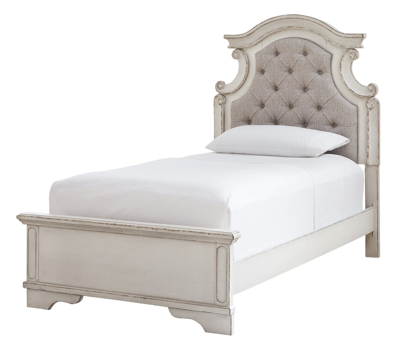 Realyn Chipped White Twin Upholstered Bed - Gate Furniture