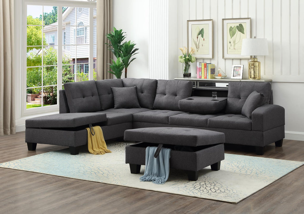 Sorbaria Grey Linen Sectional With Ottoman - Gate Furniture