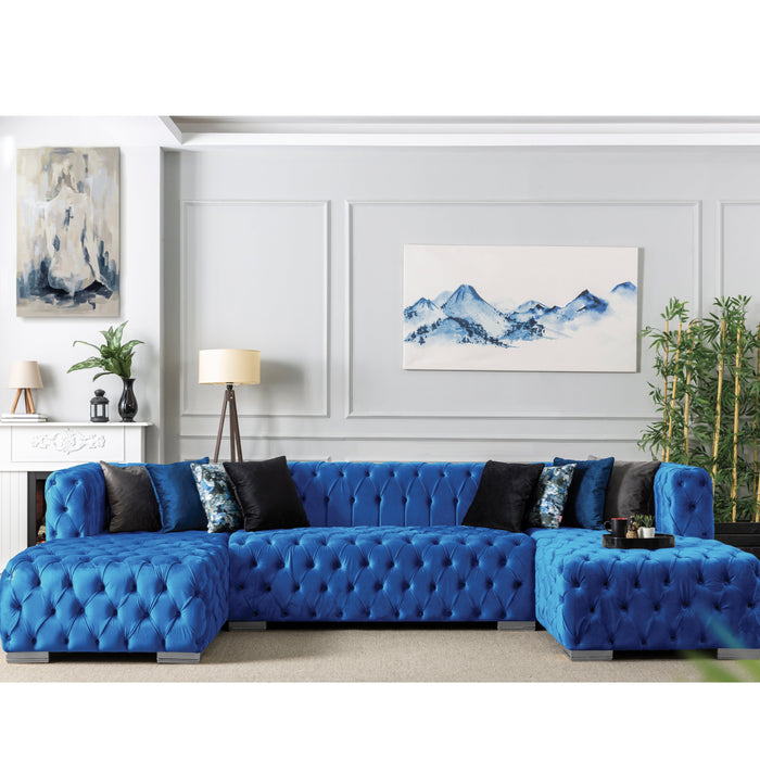 Valencia 126 in. W 3-Piece Soft Touch Velvet  U-Shaped Sectional in Blue - SEC-VALENCIA-BLUE - Gate Furniture